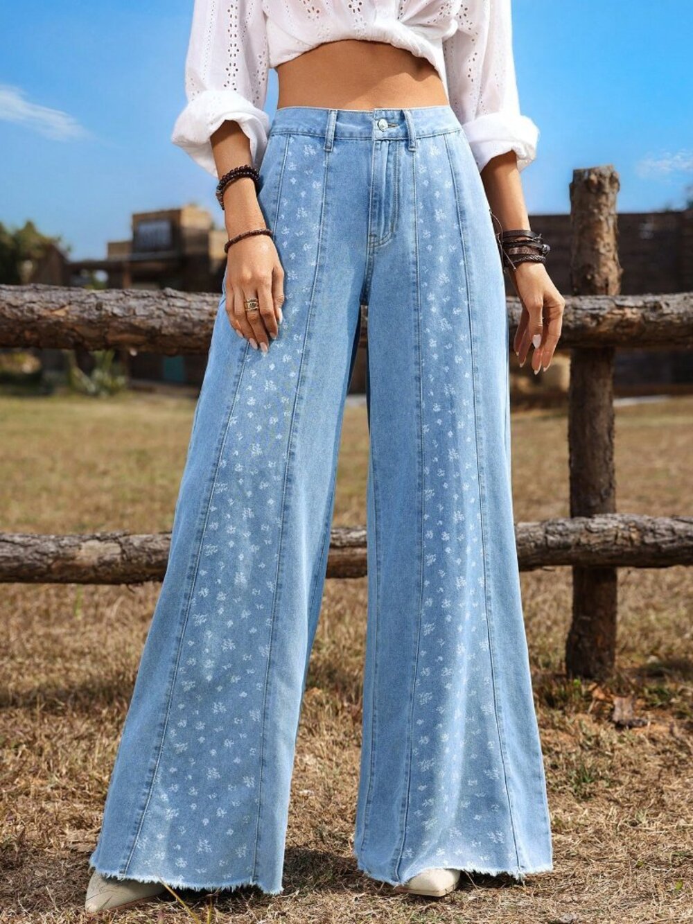 Blue Casual Women's Ditsy Floral Wide Leg Loose Jeans - Picture 5 of 6